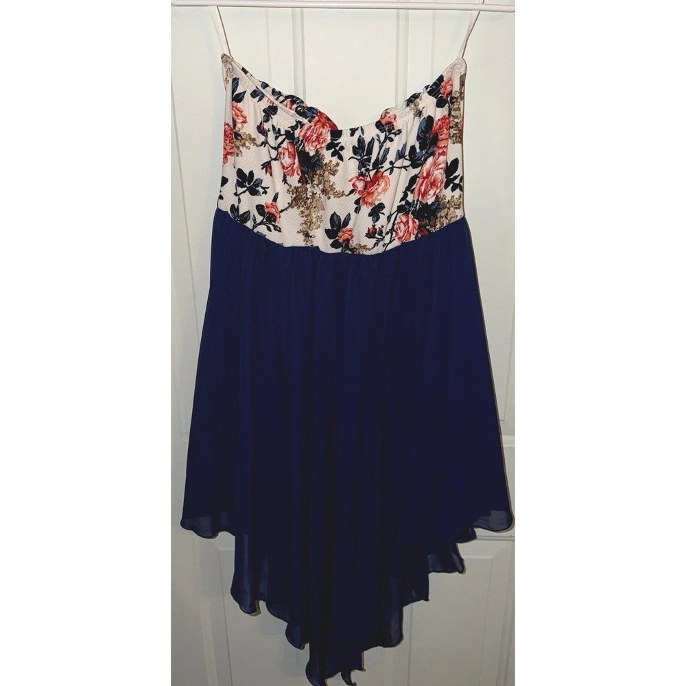 Fashion Magazine Womens Large Strapless Dress Blue Floral‎ Chiffon High Low